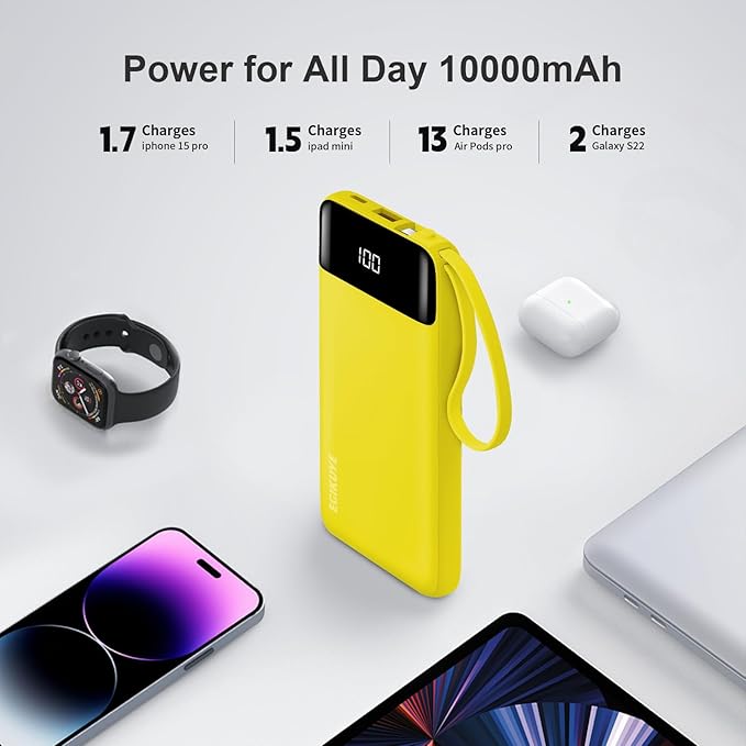 Power Bank 10000mAh Portable Charger with 4 Built-in Cables, Type-C in & Out Phone Charger, External Battery Charger Pack & Travel Essential for iPhone 16/15/14, Samsung, iPad, Android