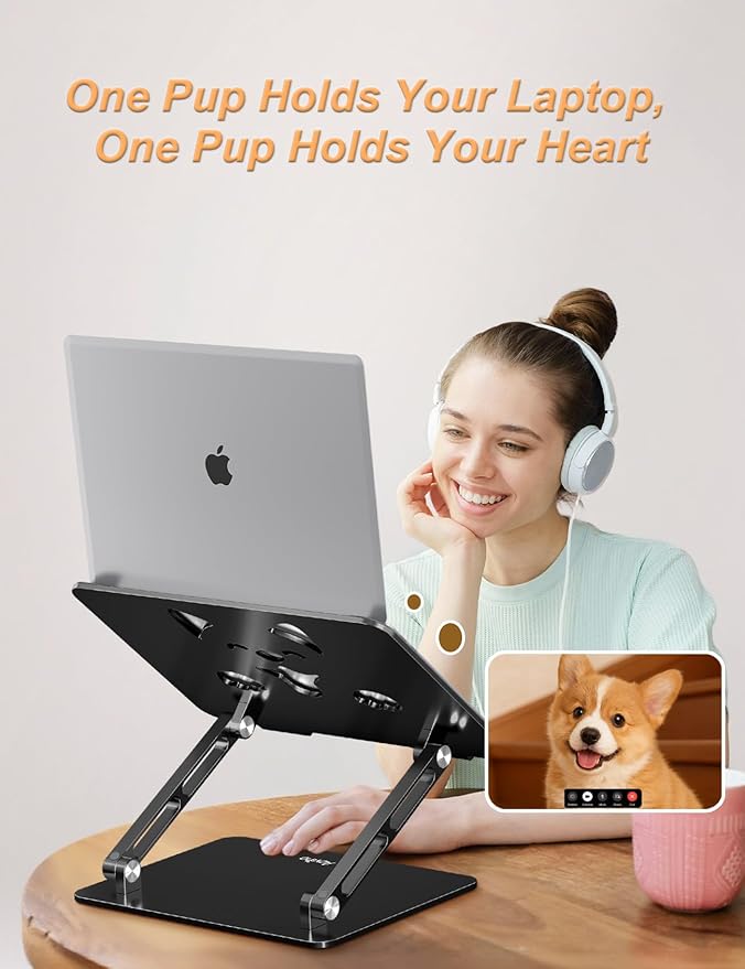 Laptop Stand for Desk – Adjustable Portable Laptop Riser, Aluminum Laptop Holder Compatible with MacBook Air Pro, Dell, HP, Lenovo (10"-17.3"), Featuring Unique Puppy Panel Design, Black
