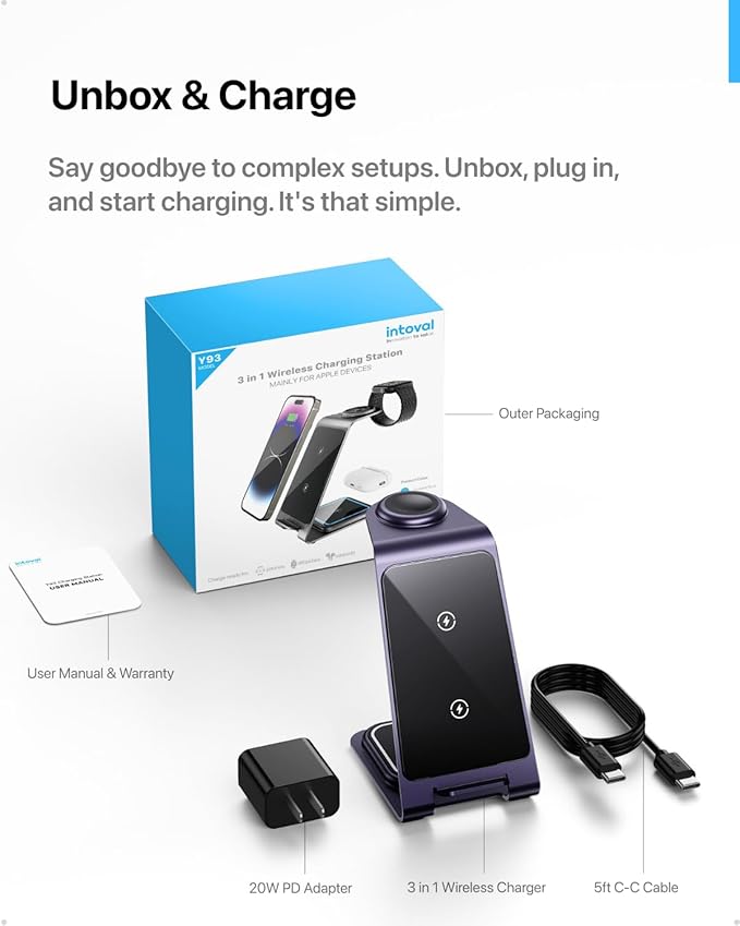 Intoval 3 in 1 Wireless Charging Station for iPhone 17 16 15 14 13 12 11 X Pro Max, Wireless Charger for Apple Watch Ultra 3 SE 9 8 7 6 5 4 3 2, for AirPods 4 Pro Pro 2 3 (Y93, Purple)