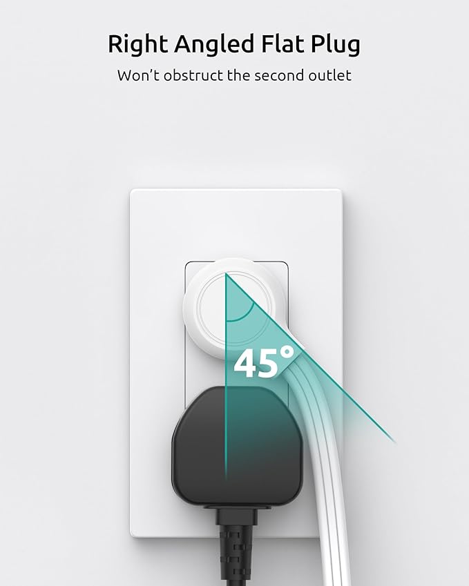 Extension Cord Flat Wall Plug 10ft, NUTICT Indoor 3 Prong Long Cord Extension with 900J Surge Protector, 13A/1625W, 16 AWG, Ultra-Thin Low Profile Right Angle Flat Plug, Behind Bed Sofa Dresser, White