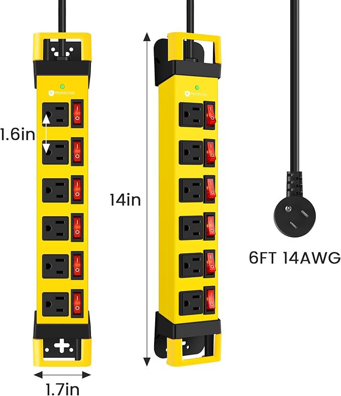 Heavy Duty Power Strip,6 Outlets Metal Power Strip with Individual Switch & Cord Management,Mountable Surge Protector 1200J,6FT Extension Cord(Yellow,6 FT)