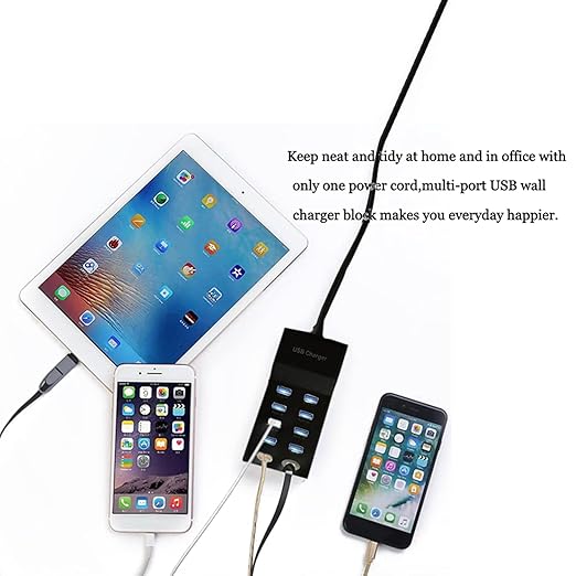USB Charging Station 50w10A 10-Port Charger, Multiport Charger Hub, Compatible with iPhone, Galaxy, iPad Tablet, and Other Devices(Black)