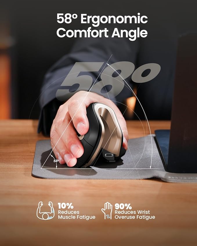 ProtoArc Ergonomic Mouse, EM11 NL Bluetooth Rechargeable Wireless Vertical Mouse, 3 Multi-Device Connectivity for Computer/PC/Laptop, 2.4GHz Optical Mice for Windows, Mac OS, Black Gold