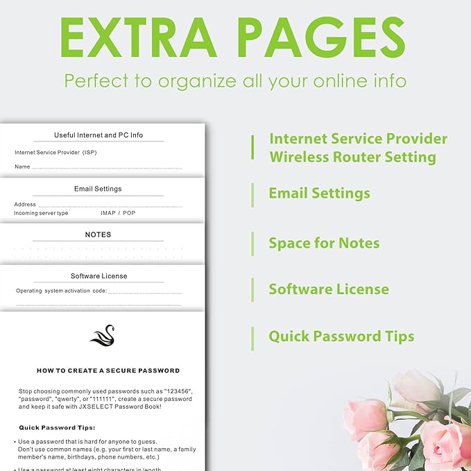 Elegant Password Book with Alphabetical Tabs - Hardcover Password Book for Internet Website Address Login - 5.2" x 7.6" Password Keeper and Organizer w/Notes Section & Back Pocket (Green)