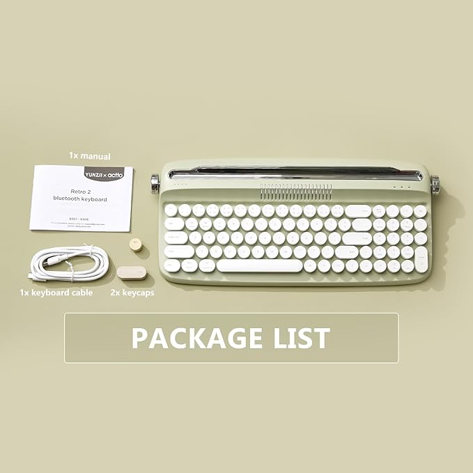 YUNZII Upgraded Wireless Keyboard, Retro Typewriter Style with Integrated Stand, USB-C/Bluetooth with Cute Round Keycaps for Multi Device for Win/Mac (B309, Sweet Mint)
