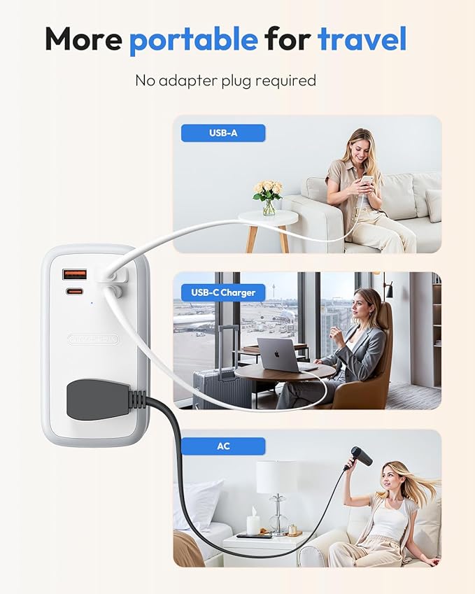 NTONPOWER GAN Ultra 65W USB Charging Station, 7 in 1 Travel Power Strip with 3 Outlets 4 USB (2 USB C), Extension Cord 4ft, Travel Essentials, Cruise Power Strip Compatible with MacBook, iPhone, White