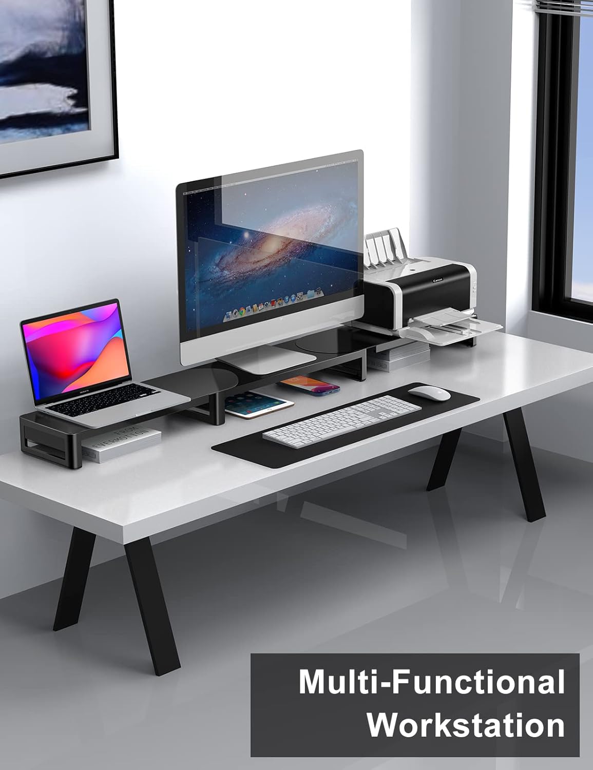 Monitor Stand with Wireless Charging and 4 USB Ports, Steel Monitor Stands for 3 Monitors, Metal Computer Stand Riser for Desk, Office, Laptop, PC up to 32 Inches (Black)