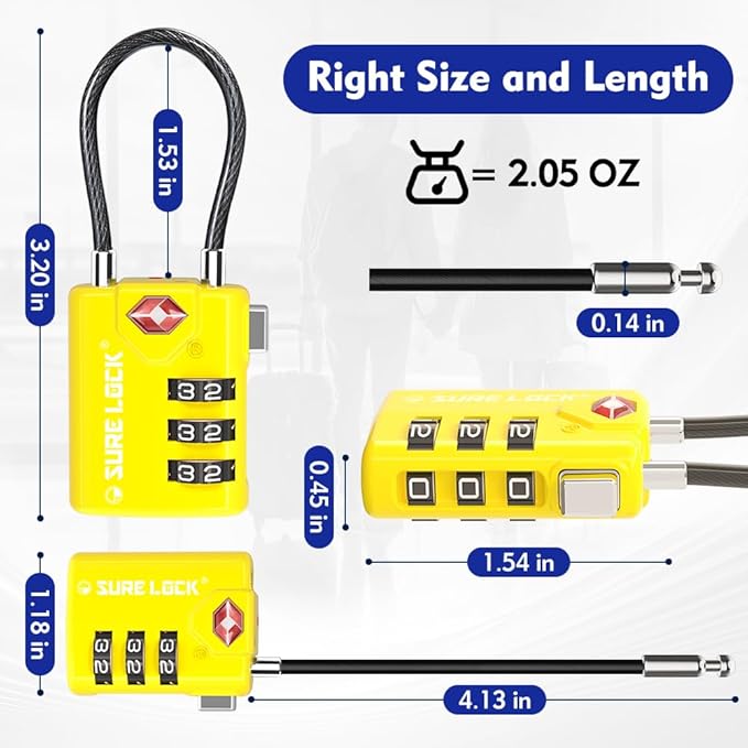 SURE LOCK TSA Compatible Travel Luggage Locks, Inspection Indicator, Easy Read Dials TSA Approved with Zinc Alloy (2, Yellow)