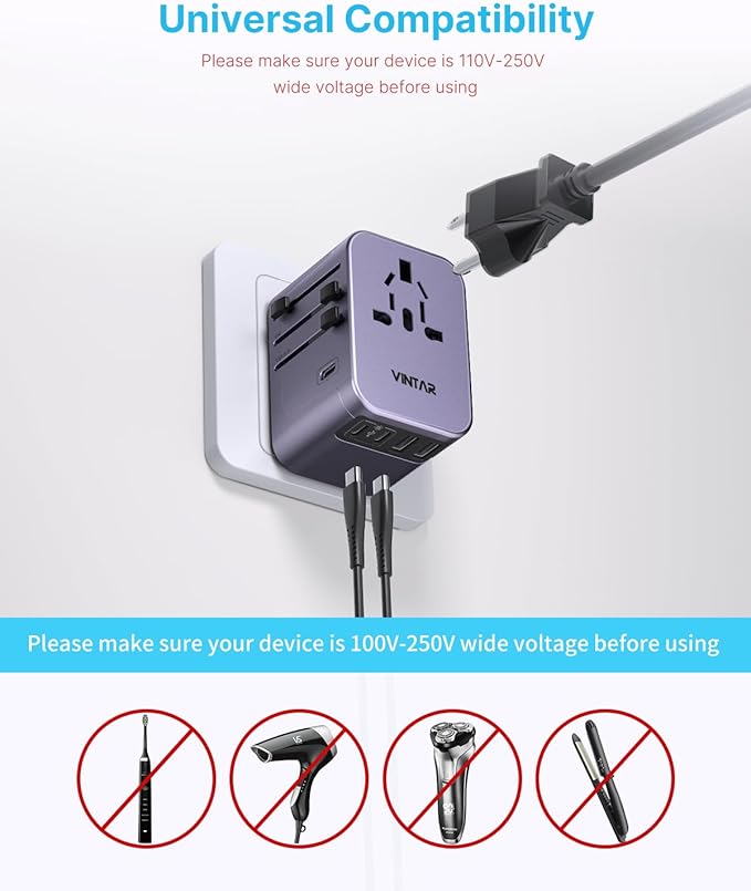 Universal Travel Adapter, VINTAR International Power Adapter with 6A 3 USB C and 2 USB Ports, All in One Travel Essentials Plug Adapter, Worldwide Outlet Converter for Europe UK USA AUS(Type C/G/A/I)