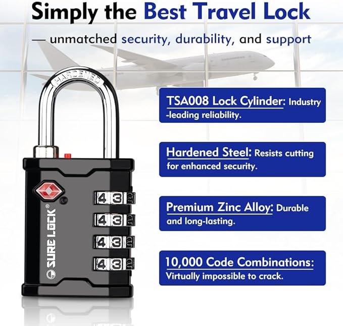 SURE LOCK TSA Accepted Heavy Duty Big Combination Luggage Padlock for Gun Cases, Transporting Equipment Cases in Trade Show, Music and Medical Industries (2, Black)