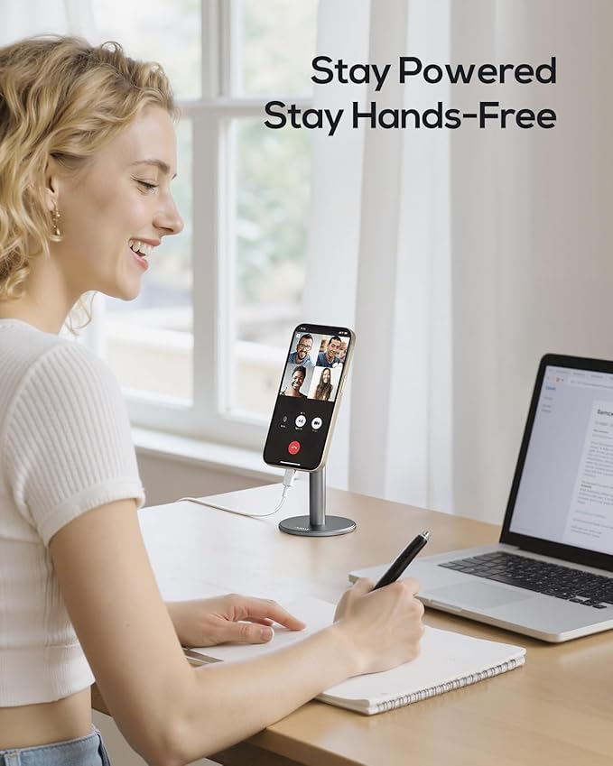 Nulaxy Magnetic Full Aluminum Cell Phone Stand with Metal Ring, 360 Rotating Phone Stand for Desk, Office Accessories Adjustable Phone Holder Compatible with All Phones MagSafe Case, Gray