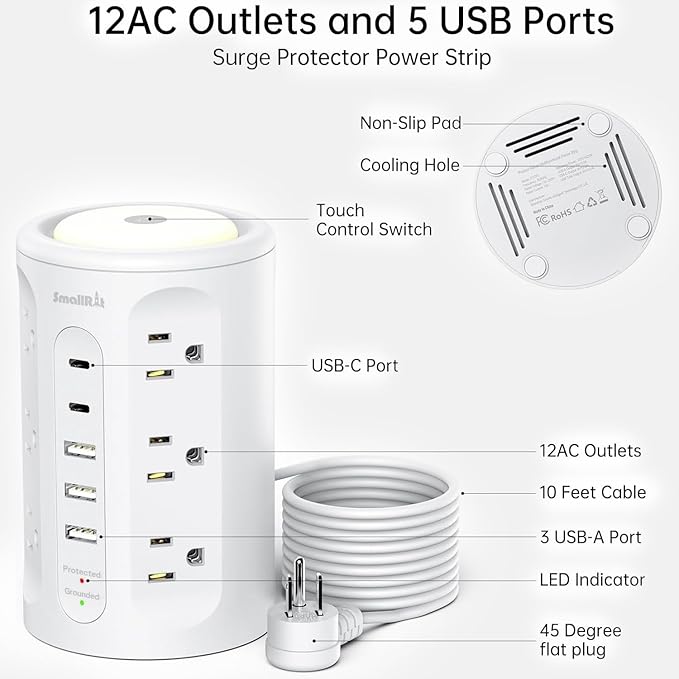 Surge Protector Power Strip Tower with 5 USB Ports and Night Light,10FT Extension Cord with 12 AC Multiple Outlets (White)