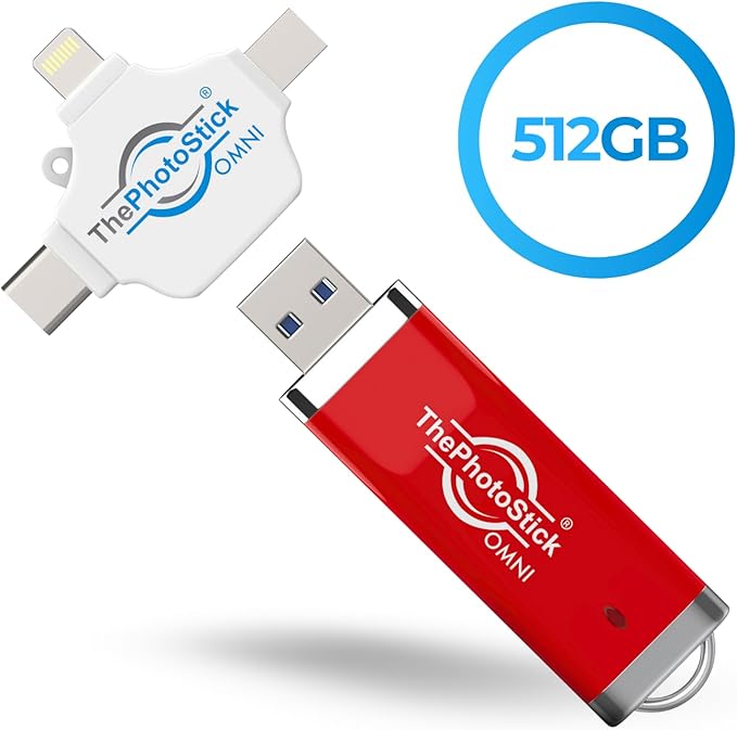 ThePhotoStick® Omni 512GB - Secure Photo & Video Backup and Transfer | Digital File Organization | USB & Multiport Connection for Phones, Tablets and Computers | Portable Memory | External Storage