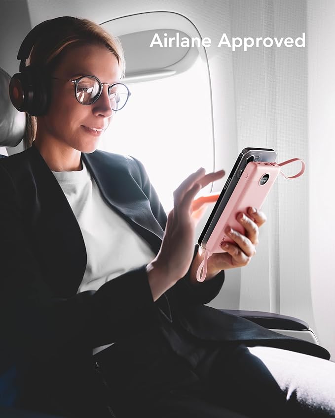 VRURC Portable Charger, 22.5W Power Bank 10000mAh, USB-C Cable in & Out Fast Charging Battery Pack, Compact Travel Essential 4 Outputs 3 Inputs for iPhone 16 15 14 13,Samsung, Android etc-Pink