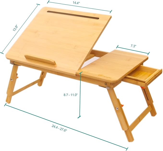 Lap Desk COIWAI Bed Table Desk Tray Laptop Desk for Bed Adjustable Height Angle Foldable Portable with Tablet Phone Holder with Storage Drawer for Bed Sofa Couch, for Eating Writing Bamboo