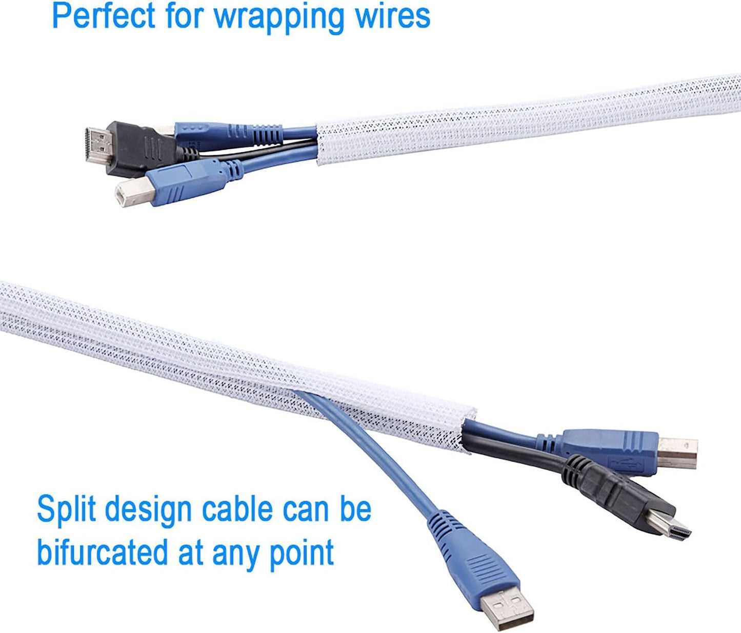 3/4"-25ft Braided Cable Sleeve Protector - Self-Wrapping Split Wire Loom for Home Theater, Pet-Proof Cord Organizer, Heat-Resistant, White