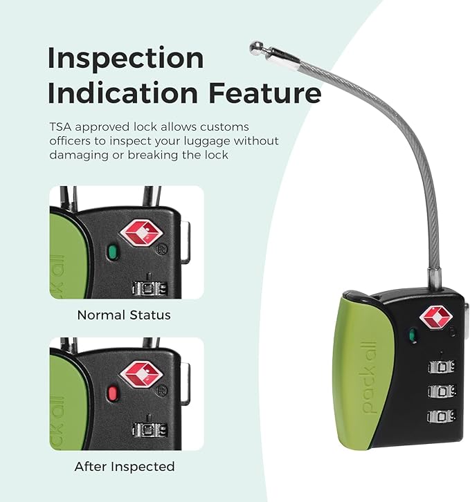 pack all TSA Approved Cable Luggage Locks, 3 Digit Combination Padlocks, Travel Lock for Suitcases & Bag, Alloy Body, Travel Accessories (1 Pack)(Apple Green)