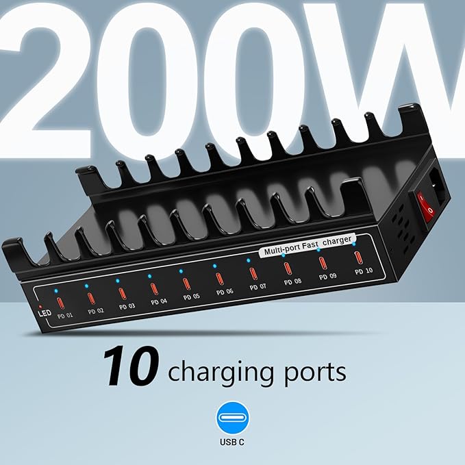 10 Port Fast Charging Station(10USB C),200W USB C Charging Station, simultaneously Charges Mobile Phones, Tablets, Game Consoles and Headphones and Other Devices at high Speed