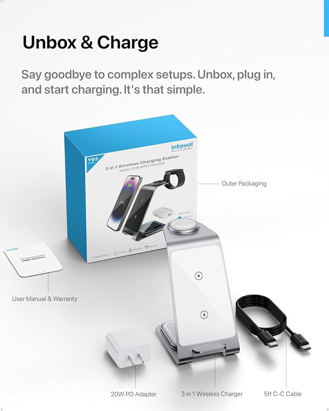 Intoval 3 in 1 Wireless Charging Station for iPhone 17 16 15 14 13 12 11 X Pro Max, Wireless Charger for Apple Watch Ultra 3 SE 9 8 7 6 5 4 3 2, for AirPods 4 Pro Pro 2 3 (Y93, Silver)
