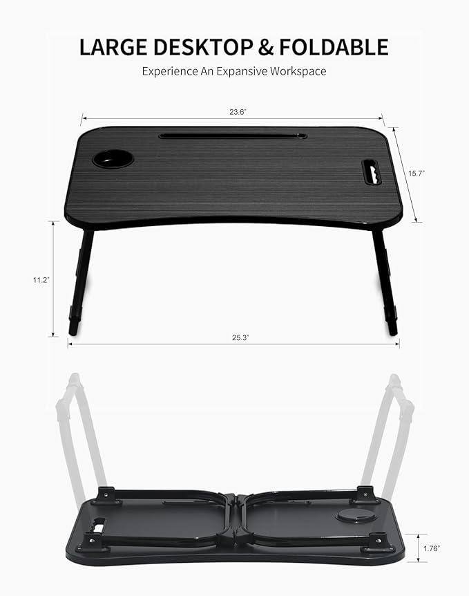 Laptop Bed Desk, Foldable Lap Table, Portable Study Table, Laptop Stand with Cup Holder & Tablet Slot & Lifting Handle for Working Writing Drawing & Eating - Black