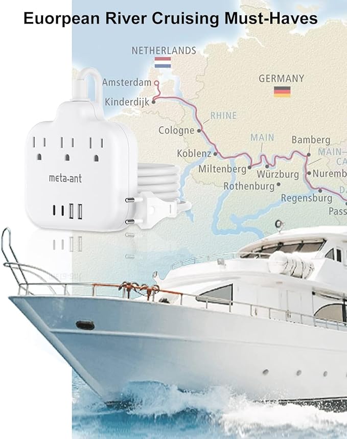 European Travel Plug Adapter, US to Europe Plug Adapter with 3 Outlets & 4 USB(2 USB-C), 5ft European Power Cord, International Power Strip, Type C for Europe EU Germany France, Travel, White