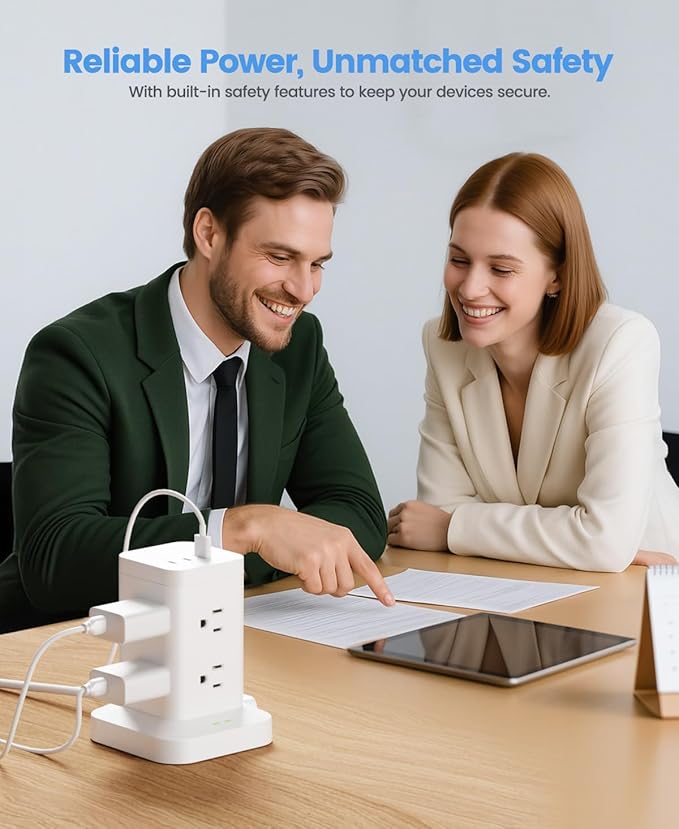 11-in-1 Power Strip Tower with Surge Protector 1800J, Fast Charging Tower PD20W USB-C Ports with 8 AC Outlets, 5ft Extension Cord for Home Office Dorm Room, White