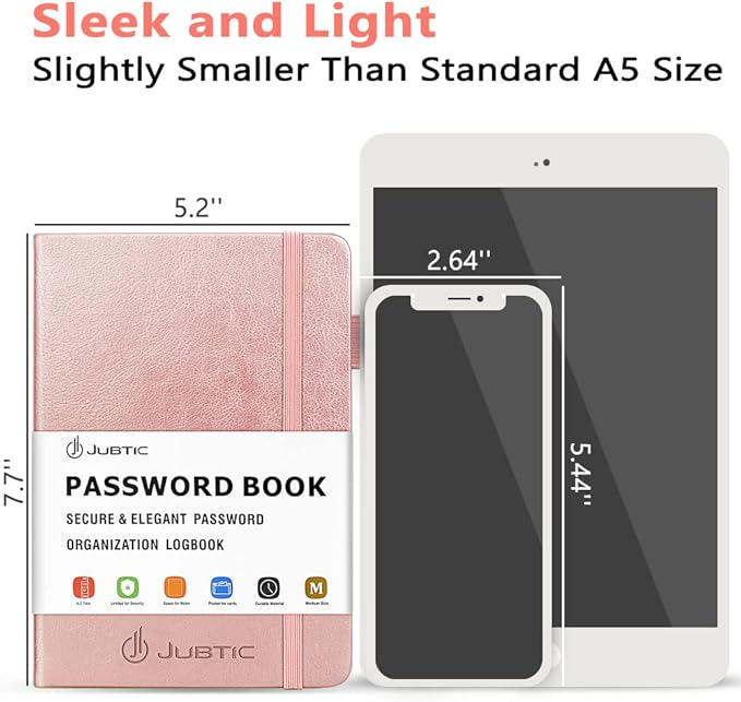 JUBTIC Password Book with Alphabetical Tabs. Medium Size Password Notebook for Internet Website Address Log in Details. Hardcover Password Journal & Organizer for Home Office, Rose Gold