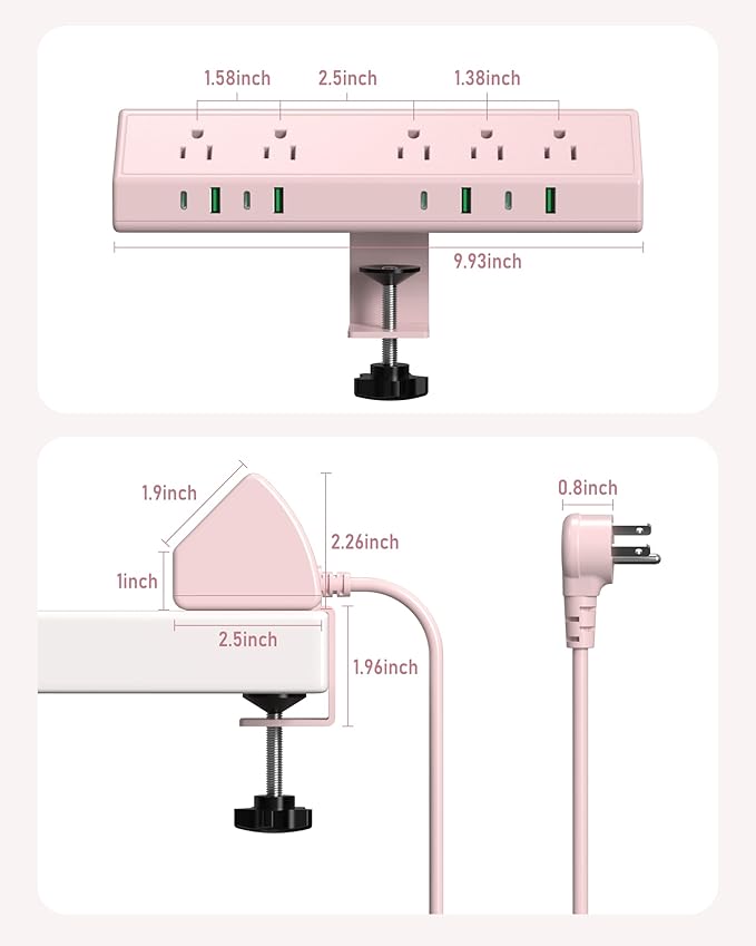 Jgstkcity Desk Clamp Power Strip, 45W Fast Charging Station,4 USB-C, 4 USB-A,1200J Surge Protector,ETL Listed,1875W Extension Cord,Multiple Outlets for Home, Office (Pink, 6 FT Cable)