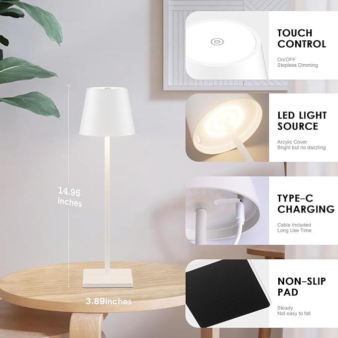 4-Pack Rechargeable Table Lamps, LED Cordless Table Lamp, 3W 6000mAh Battery Operated Table Light, Stepless Dimming Portable Table Light Waterproof for Restaurant/Indoor/Outdoor (White)