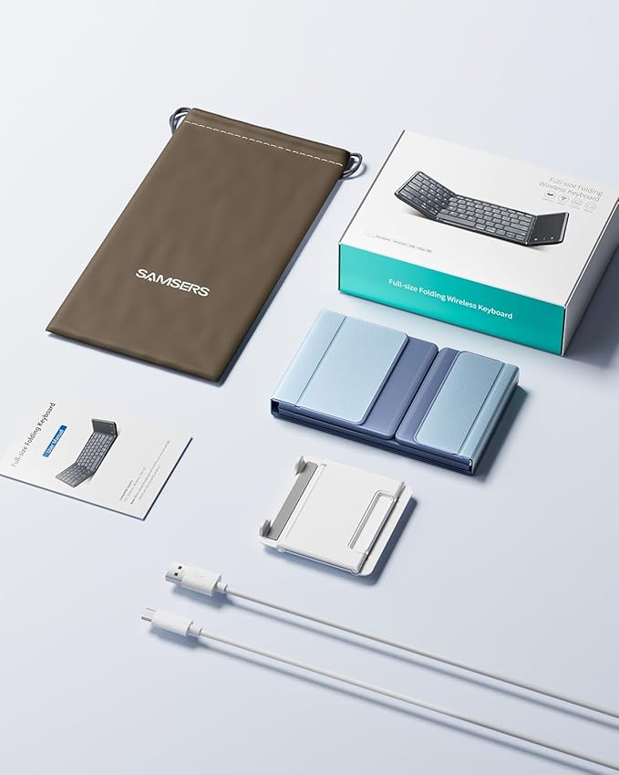 Samsers Foldable Bluetooth Keyboard with Touchpad, Full-Size Wireless Folding Keyboard with PU Leather, Portable Travel Keyboards for iOS Android Windows Mac OS, Support 3 Devices (BT5.1 x 3), Blue