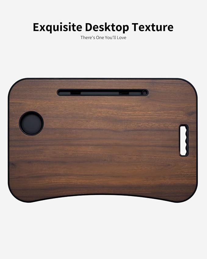 Foldable Lap Desk, Laptop Bed Desk, Portable Lap Table, Laptop Bed Table with Cup Holder & Tablet Slot & Lifting Handle for Working Writing Drawing & Eating - Walnut Brown