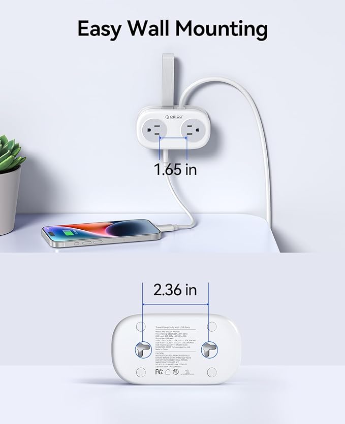 ORICO 20W USB-C PD Travel Power Strip, 4 AC Outlets 3 USB Ports (Fast Charging), 4FT Flat Plug Extension Cord, Cruise Approved, Compact for Business Travel/Dorm -AP3