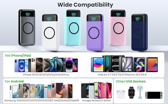 Wireless Portable Charger 40800mAh for iPhone with 3 Built-in Cables,7-in-1 15W Wireless Charging USB C Power Bank,LCD Display 25W PD QC 4.0 Fast Charging Battery Pack for iPhone 16/15/14,Android etc