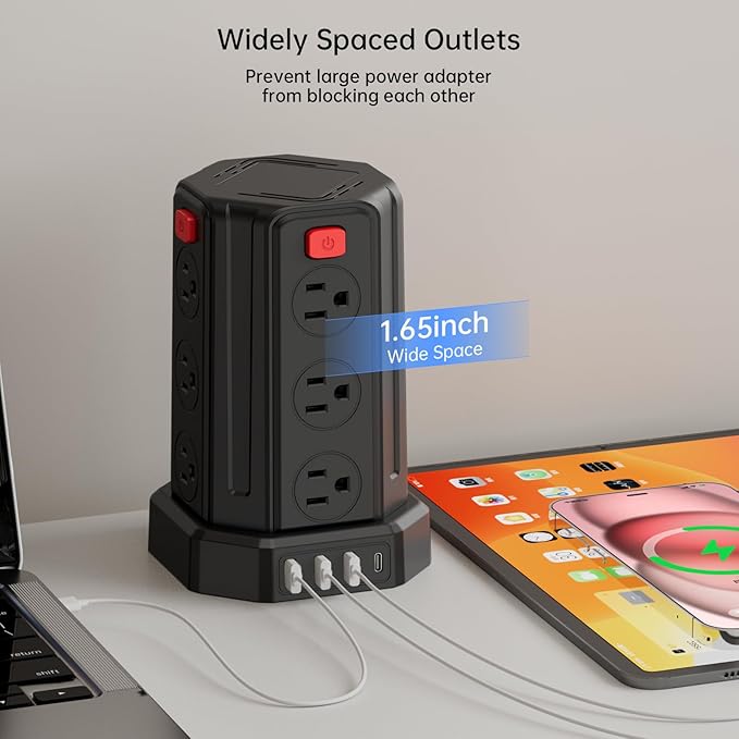 Power Strip Surge Protector, 10 Ft Extension Cord with 12 AC Multiple Outlets 4 USB (1 USB C), SMALLRT Power Tower Desktop Charging Station (Black, 10 FT PD20W)