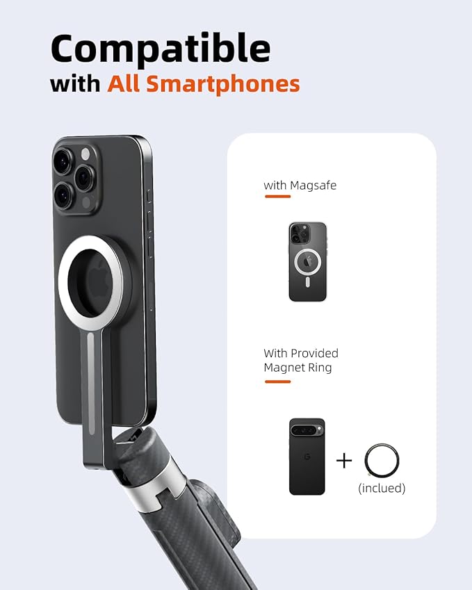 TODI 65" Magnetic Tripod for iPhone with Remote, Selfie Stick for iPhone Magsafe, Cell Phone Tripod Stand for Recording, Travel Tripod Compatible with 16/15/14/13/12 Series (Black Silver)