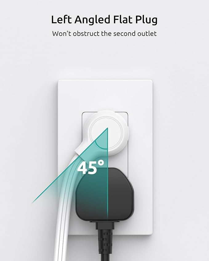 Extension Cord Flat Wall Plug 10ft, ETL Listed, NUTICT Indoor 3 Prong Long Cord Extension, 900J Surge Protector, 13A/1625W, Ultra-Thin Low Profile Left Angle Flat Plug, Behind Bed Sofa Dresser, White