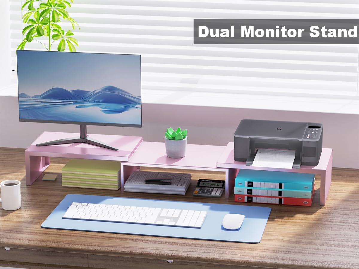 Dual Monitor Stand for Desk, Metal Monitor Riser, Pink office Supplies and Accessories (Pink)