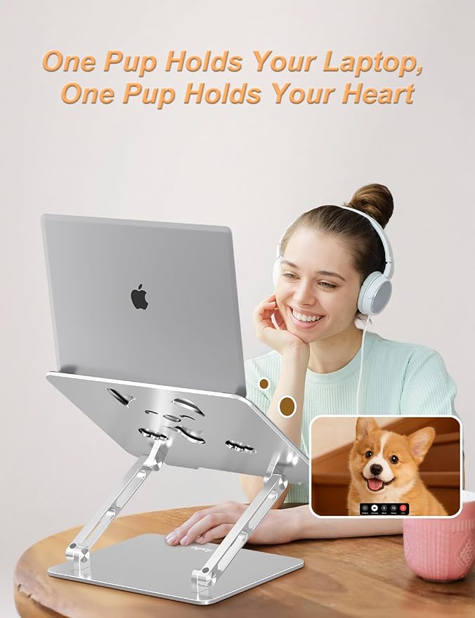 Laptop Stand for Desk – Adjustable Portable Laptop Riser, Aluminum Laptop Holder Compatible with MacBook Air Pro, Dell, HP, Lenovo (10"-17.3"), Featuring Unique Puppy Panel Design, Silver