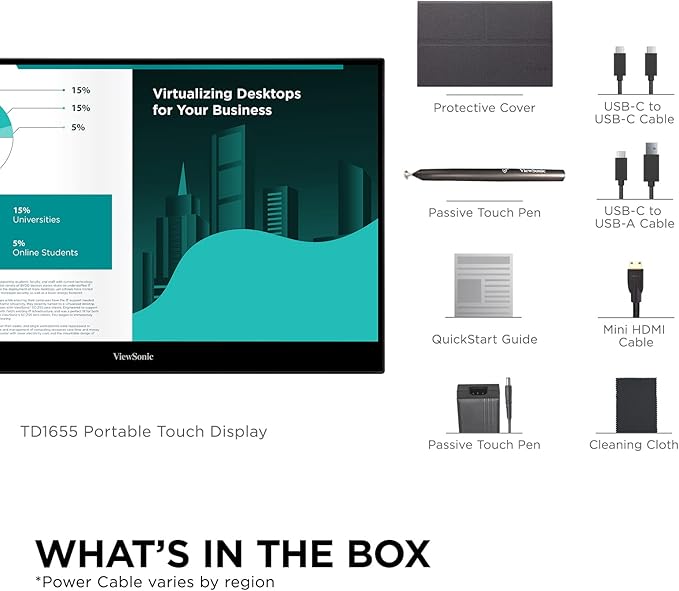 ViewSonic TD1655 15.6 Inch 1080p Portable Monitor with IPS Touchscreen, 2 Way Powered 60W USB C, Eye Care, Dual Speakers, Built-in Stand with Magnetic Cover