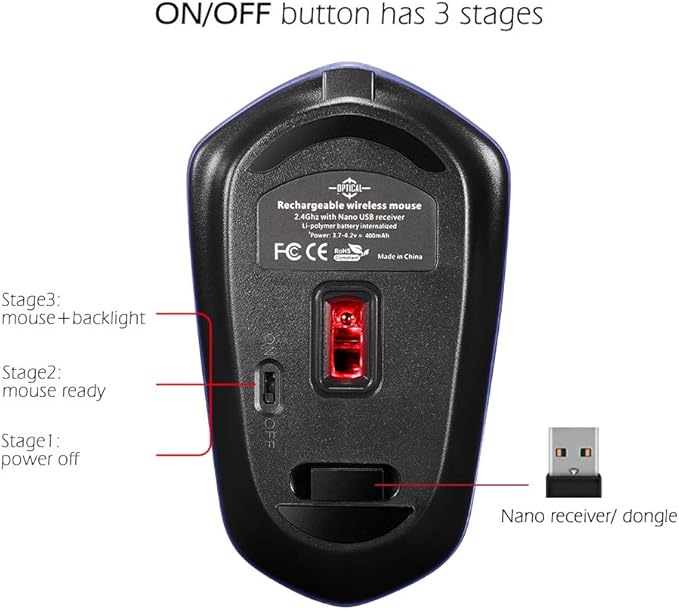 Rechargeable Wireless Mouse, Backlit Powered by Li-Polymer Battery, Optical Sensor, Nano USB Receiver,3 Stages DPI Speed, 4 Buttons for PC, Laptop, Tablet, MacBook etc. (Flag Illuminating)