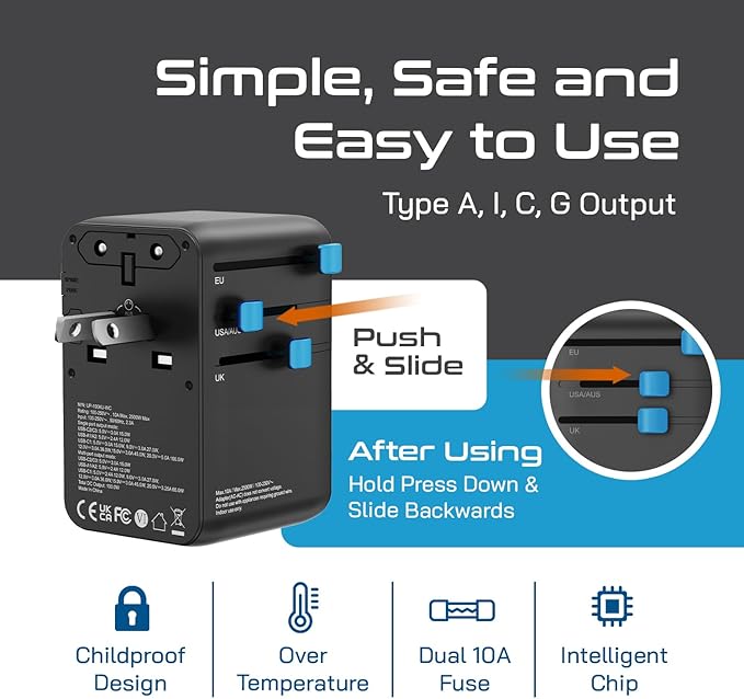 Ceptics GAN 100W Universal Travel Adapter with Retractable USB-C Cable, 2X USB-A & C, Universal Input and 1x USA/JP Input, 7 in 1 Universal Adapter for Worldwide Travel - Type A, C, G, I Output