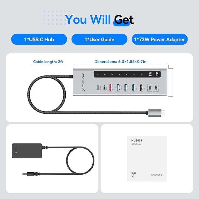 TobenONE Powered USB C Hub, 11-in-1 10Gbps USB C Splitter with 5 USB-A and 5 USB-C, 72W Adapter, 100W PD-IN, 45W USB C Charging Port, USB C Expander for Laptop/PC, MacBook, iPad,Phone(Not for Monitor)