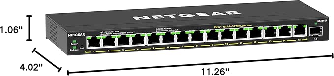 NETGEAR 16-Port PoE Gigabit Ethernet Easy Smart Managed Essentials Switch (GS316EP) - Managed, with 15 x PoE+ @ 180W, 1 x 1G SFP Port, Desktop or Wall Mount