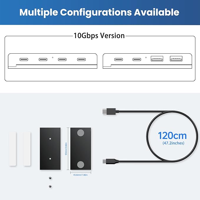 EJAY 10Gbps Magnetic USB-C Hub, 4-Port USB 3.2 Gen2 Data Transfer, Includes 2 Packs Sliding Rail, Screws and Sticky Pads for MacBook Laptop PC