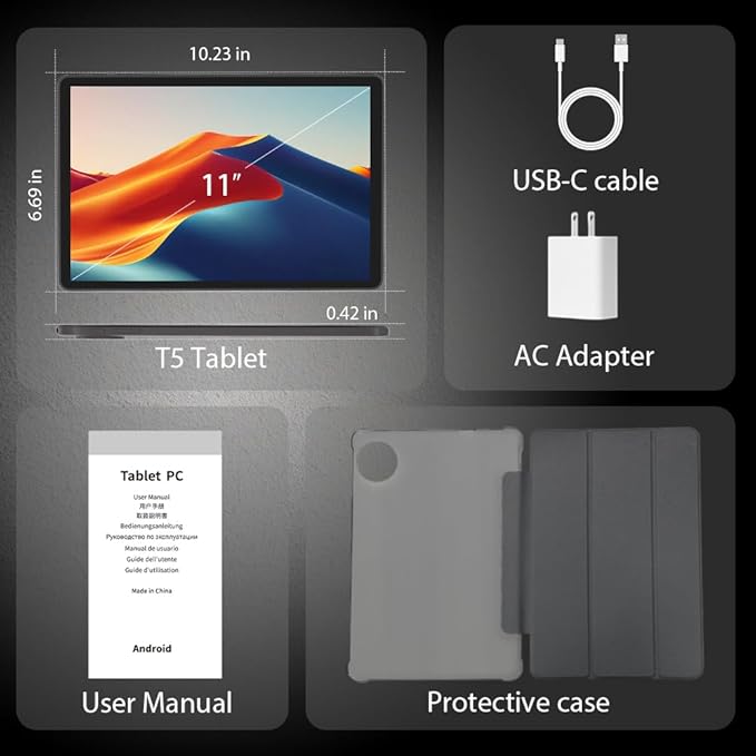 Tablet, 11-inch Android 15 tablets, 20GB+128GB+1TB expansion, Octa-core, 8000mAh large-capacity battery, 5G/2.4G WiFi6, GPS, Bluetooth 5.0, 5MP + 8MP dual cameras, Widevine L1, protective case - Black