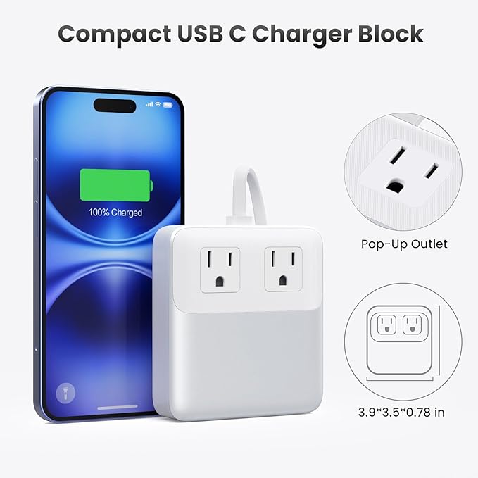 USB C Charger Block,135W GaN IV Fast Charging Station Hub,6-in-1 USB C Power Strip with Flat Plug and 5ft Cord,2 AC,2 USB A,2 USB C,PD 65W Laptop Charger for MacBook Air/Pro,iPhone16/15,Samsung-White