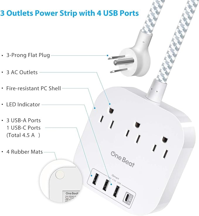 Power Strip - 10ft Long Extension Cord with USB C Ports, 3 Outlets 4 USB Desktop Charging Station, Flat Plug Power Strip Non Surge Protector for Cruise Ship, Travel Essetials, ETL Listed
