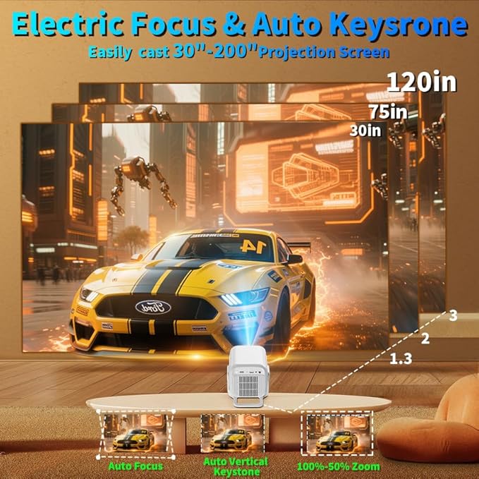 Mini Projector 1080P, Projector 4K Full HD, Smart Projector Featuring Auto Focus & Keystone Correction with Built-in Apps, Portable Projector WiFi 6 & Bluetooth 5.4 180° Rotation for Phone/Tablet/HDMI