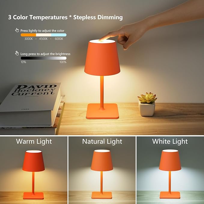 Orange Cordless Table Lamp Set of 2-3 Way and Stepless Dimmable - for Restaurant Dining Bedroom Home Bar