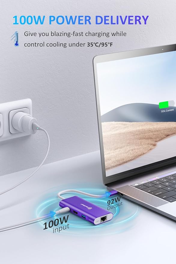 UtechSmart USB C Hub, Ethernet Multiport Adapter 6 in 1 USB C to HDMI Dock Compatible for MacBook Pro/Air, Chromebook, Dell XPS, HP and Type C Devices Dark Purple